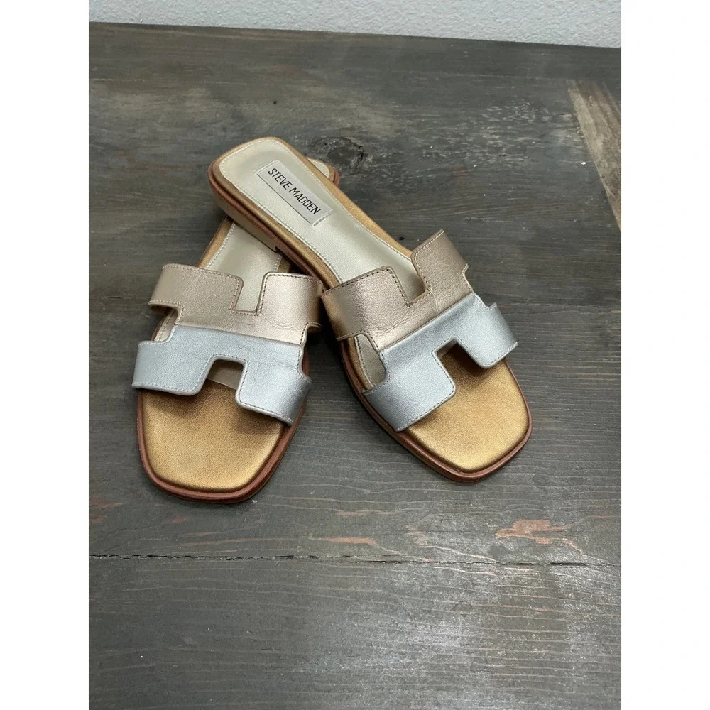 Steve Madden Haydn Metallic Slide Sandals Two-Tone Gold Silver H- Band Flat 7.5